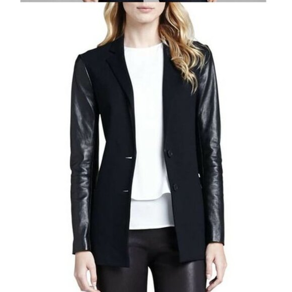 Theory Lavey K Leather Sleeve Blazer Jacket Pryor Ponte Black Goat Leather